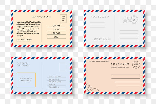 Set of post card letter envelope with shadow. Postcard letter template collection