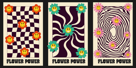 Vector set of hipie posters with cartoon groovy daisy.Flower power. Placard with funny smile faces in trendy 70s style. - obrazy, fototapety, plakaty