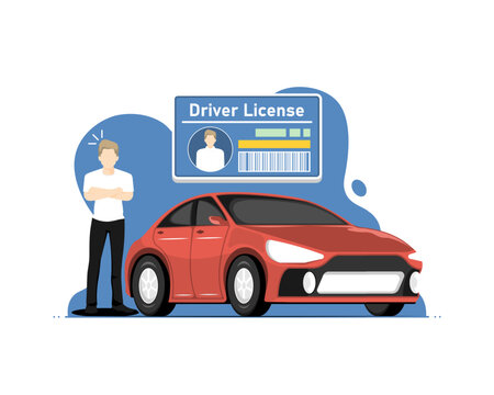 Personal car driving license concept, Human standing with personal car, Digital marketing illustration.