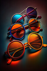 Set of colorful sunglasses on colorful background. Summer eyeglasses.Fashion collection. Sunglasses for tropical trip.Party time. Generative AI