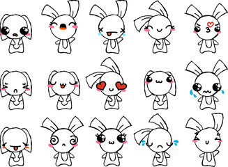 Set of Rustic Rabbits with Emoticons. Doodle faces, eyes and mouth. Caricature comic expressive emotions, smiling, crying and surprised character face expressions