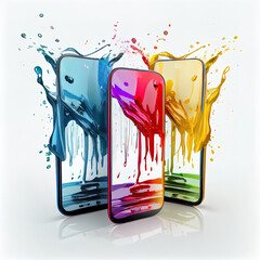 Obraz premium Three smartphones, rainbow colored painting, Generative AI