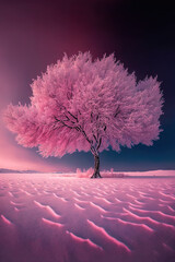 Surreal pink three. Winter landscape. Generative AI
