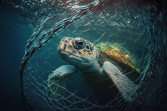 Turtle Trapped In Fishing Net. Generative AI.