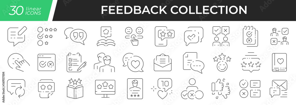 Poster feedback linear icons set. collection of 30 icons in black