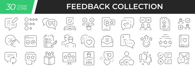 Feedback linear icons set. Collection of 30 icons in black