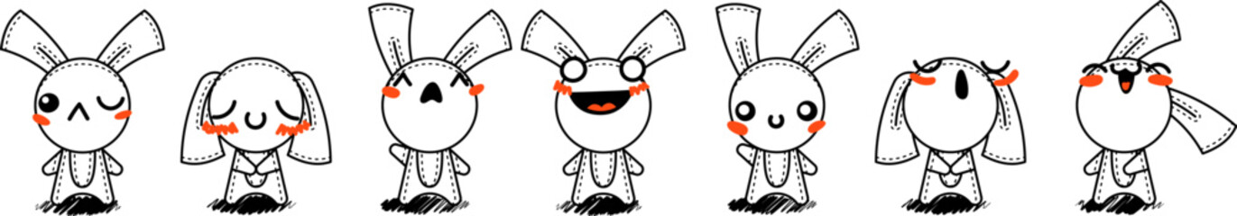 Outline Cartoon Rabbits. Emoticons, doodle faces, eyes and mouth. Caricature comic expressive emotions, smiling, crying and surprised character face expressions