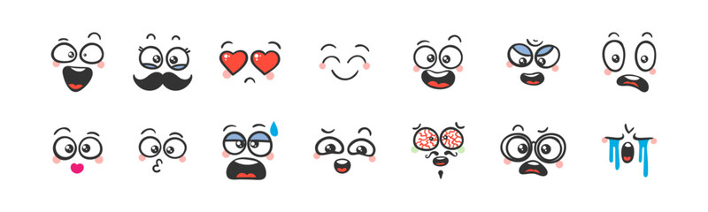 Various Cartoon Emoticons Set. Doodle faces, eyes and mouth. Caricature comic expressive emotions, smiling, crying and surprised character face expressions