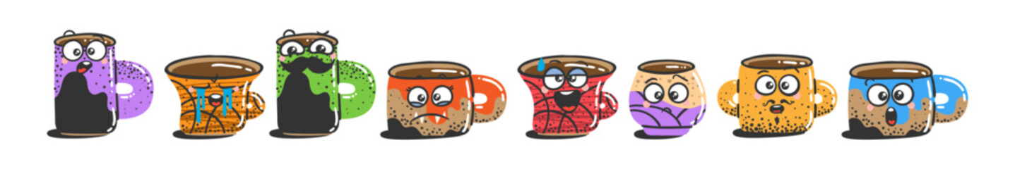 Various Cartoon Mugs with Emoticons. Doodle faces, eyes and mouth. Caricature comic expressive emotions, smiling, crying and surprised character face expressions