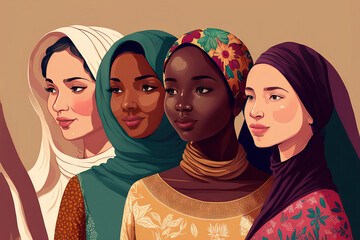 Multi-ethnic beauty. Different ethnicity women  Women different nationalities and cultures. The struggle for rights, independence, equality. Generative AI