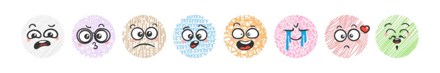 Various Cartoon Emoticons on Doodle Backgrounds. Doodle faces, eyes and mouth. Caricature comic expressive emotions, smiling, crying and surprised character face expressions