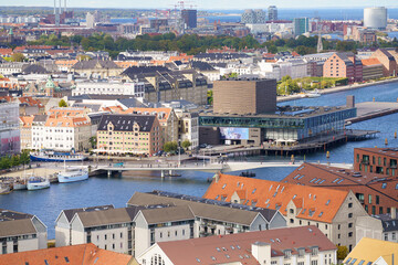 Naklejka na ściany i meble Aerial view towards The Royal Danish Playhouse and The Inner Harbour Bridge in Copenhagen
