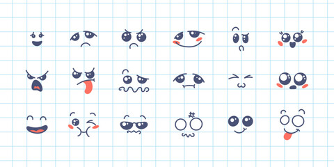 Various Cartoon Emoticons Set. Doodle faces, eyes and mouth. Caricature comic expressive emotions, smiling, crying and surprised character face expressions