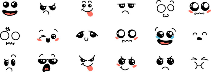 Various Cartoon Emoticons Set. Doodle faces, eyes and mouth. Caricature comic expressive emotions, smiling, crying and surprised character face expressions