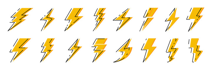 Lightning icons collection. Set of different thunder storm icons - obrazy, fototapety, plakaty
