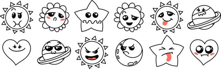 Various Cartoon Emoticons Set. Doodle faces, eyes and mouth. Caricature comic expressive emotions, smiling, crying and surprised character face expressions