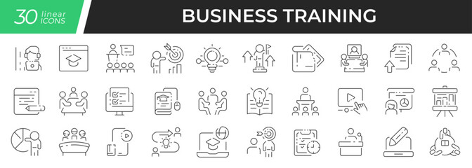 Fototapeta na wymiar Business training linear icons set. Collection of 30 icons in black