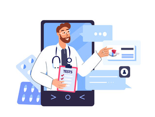 Online medical consultation,e-health concept.Smart Service Technology,Remote doctor ,virtual communication on Smartphone screen.Healthcare web service,telemedicine.Flat vector illustration isolated