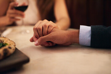 Holding hands, dinner and people together on date for Valentines day, romance and love with...