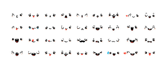 Various Cartoon Emoticons Set. Doodle faces, eyes and mouth. Caricature comic expressive emotions, smiling, crying and surprised character face expressions