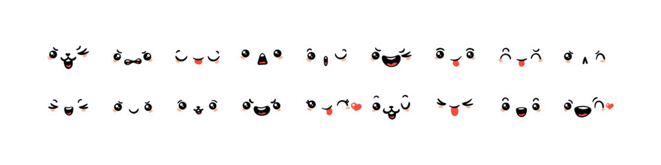 Various Cartoon Emoticons Set. Doodle faces, eyes and mouth. Caricature comic expressive emotions, smiling, crying and surprised character face expressions