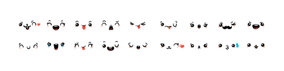 Various Cartoon Emoticons Set. Doodle faces, eyes and mouth. Caricature comic expressive emotions, smiling, crying and surprised character face expressions