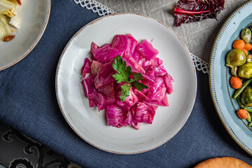 Food Table Celebration Delicious Party Meal Concept. A lot of food on the table: Pickles, sauerkraut.  Foodset from Georgian dishes. Caucasian food