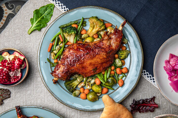 Food Table Celebration Delicious Party Meal Concept. A lot of food on the table: khachapuri, manti, lamb, beef, basturma, satsivi, pkhali, dolm.   Foodset from Georgian dishes. Caucasian food