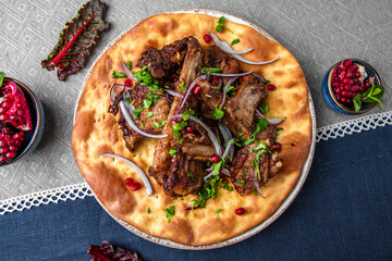 Food Table Celebration Delicious Party Meal Concept. A lot of food on the table: khachapuri, manti,...