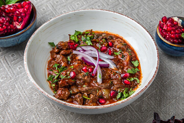 Food Table Celebration Delicious Party Meal Concept. Homemade noodles with giblets.  Foodset from Georgian dishes. Caucasian food