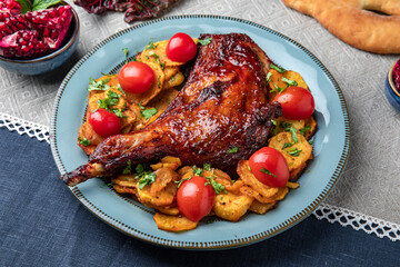 Food Table Celebration. Grilled lamb leg. Juicy meat with vegetables. Foodset from Georgian dishes. Caucasian food