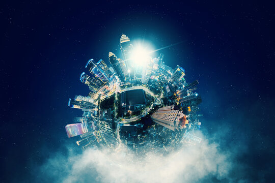 3D Image Of Smart City On The Globe With Blurred Sparkling Starry Night