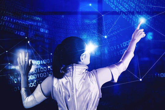 Back view of woman working with binary number