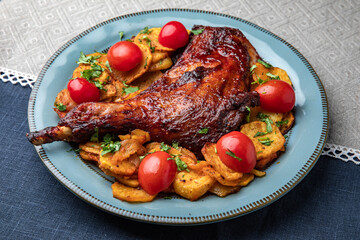Food Table Celebration. Grilled lamb leg. Juicy meat with vegetables. Foodset from Georgian dishes. Caucasian food
