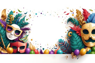 Naklejka premium Carnival background with masks, confetti and streamers. Generative AI.
