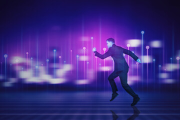 Fototapeta na wymiar Hologram of a businessman running in a virtual world - metaverse