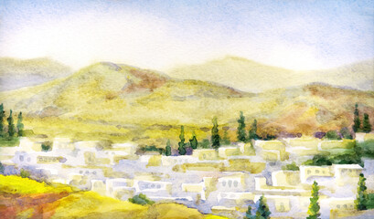 Watercolor landscape. Old city in a valley between the mountains