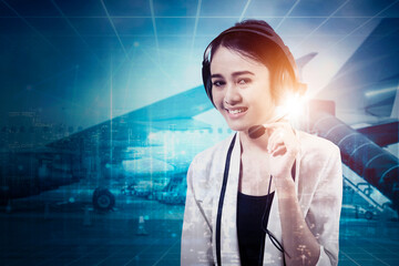 Customer support operator with airplane at the airport background