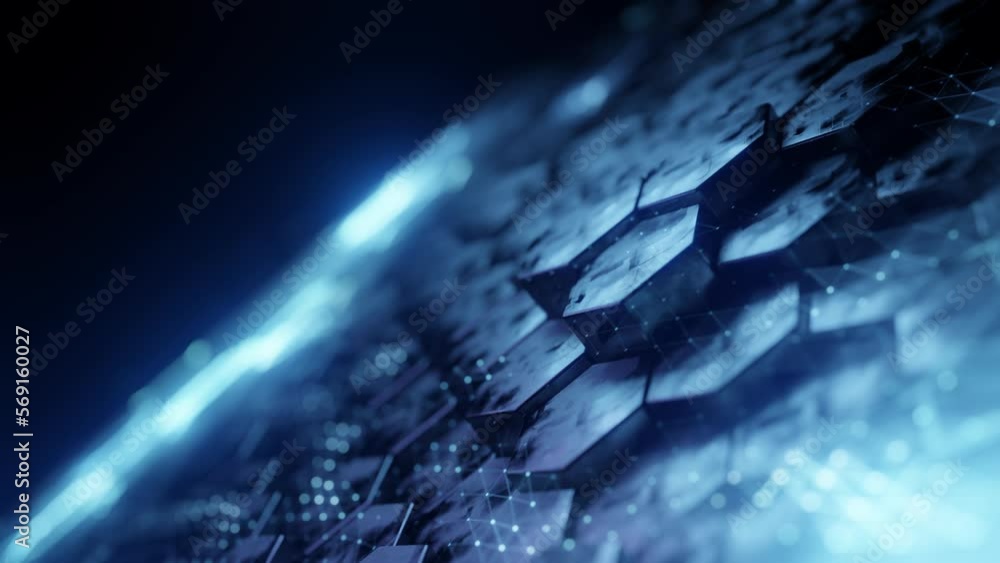 Poster futuristic hexagon background. 3d render. abstract blue hexagonal pattern. random motion. seamless l