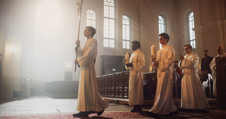 Liturgy in Grand Church: Majestic Procession Of Ministers And Priests Walking with Processional...