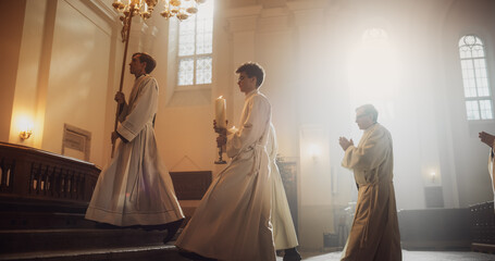 Liturgy in Grand Church: Majestic Procession Of Ministers, Priests Walking with Processional Cross...