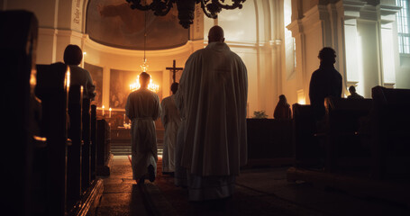 Liturgy in Grand Church: Majestic Procession Of Ministers Walking with Processional Cross to Altar....