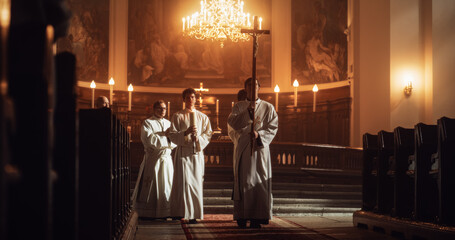 Liturgy In Church: Procession Of Ministers, Bearing Holy Cross from Altar, As Congregation Stands...