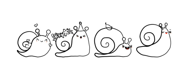Kawaii snail character with shell and cartoon snailfish or snail-like mollusk. Coloring kids illustration, set of lovely snail-paced slugs with random emoji, isolated on white background