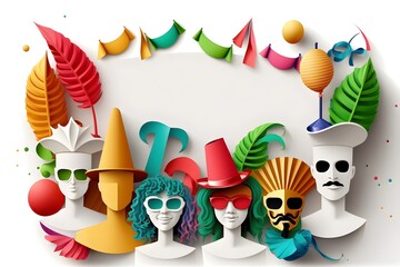 Naklejka premium Carnival background with masks, confetti and streamers. Generative AI.