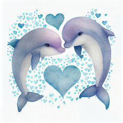 Dolphins couple swimming together in love and passion. Watercolor loving sea animals with heart isolated painting of beauty. Love and close connections between creatures of sea, Valentines day card