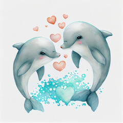 Romantic watercolor dolphins couple in sea water with hearts, two ocean animals swimming and jumping together in love. Romantic watercolour peaceful and tranquil illustration od loving dolphins