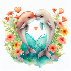 Watercolor dolphins in love, painting of two loving animals kiss in ocean with hearts and flowers in water waves. Valentines day greeting card, romantic drawing of sea animals loving and playing