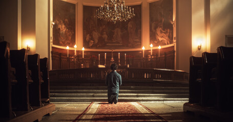 Back View: Christian Man Getting on his Knees and Starting to Pray in a Church. He Seeks Guidance...