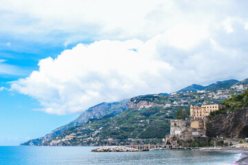 Naklejka premium Sunny Panoramic Landscape View On Maiori, Amalfi Coast, Italy
